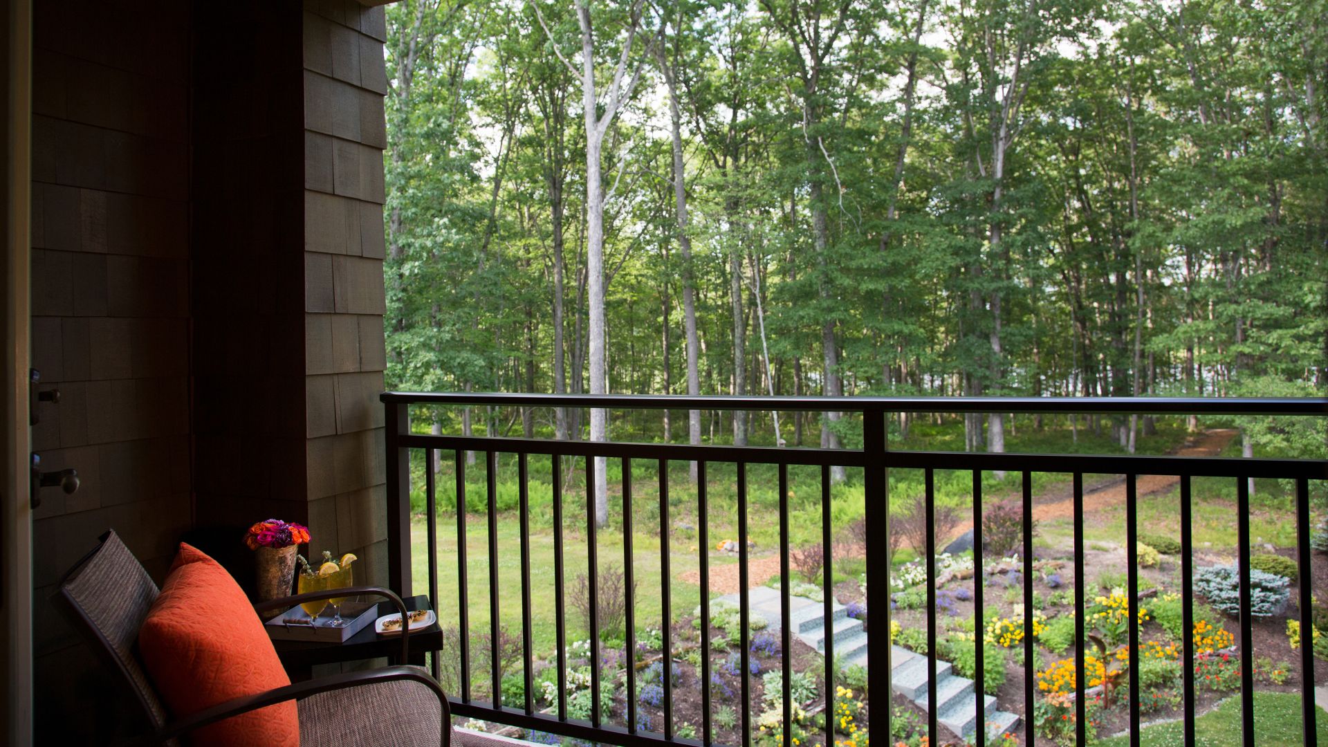Wooded view from a guest room veranda
