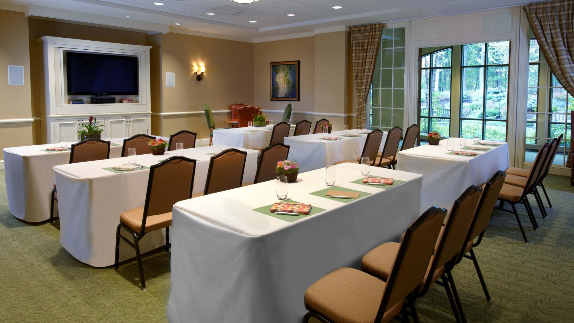 Meeting room setup in the Fireside Room at The Lodge at Woodloch