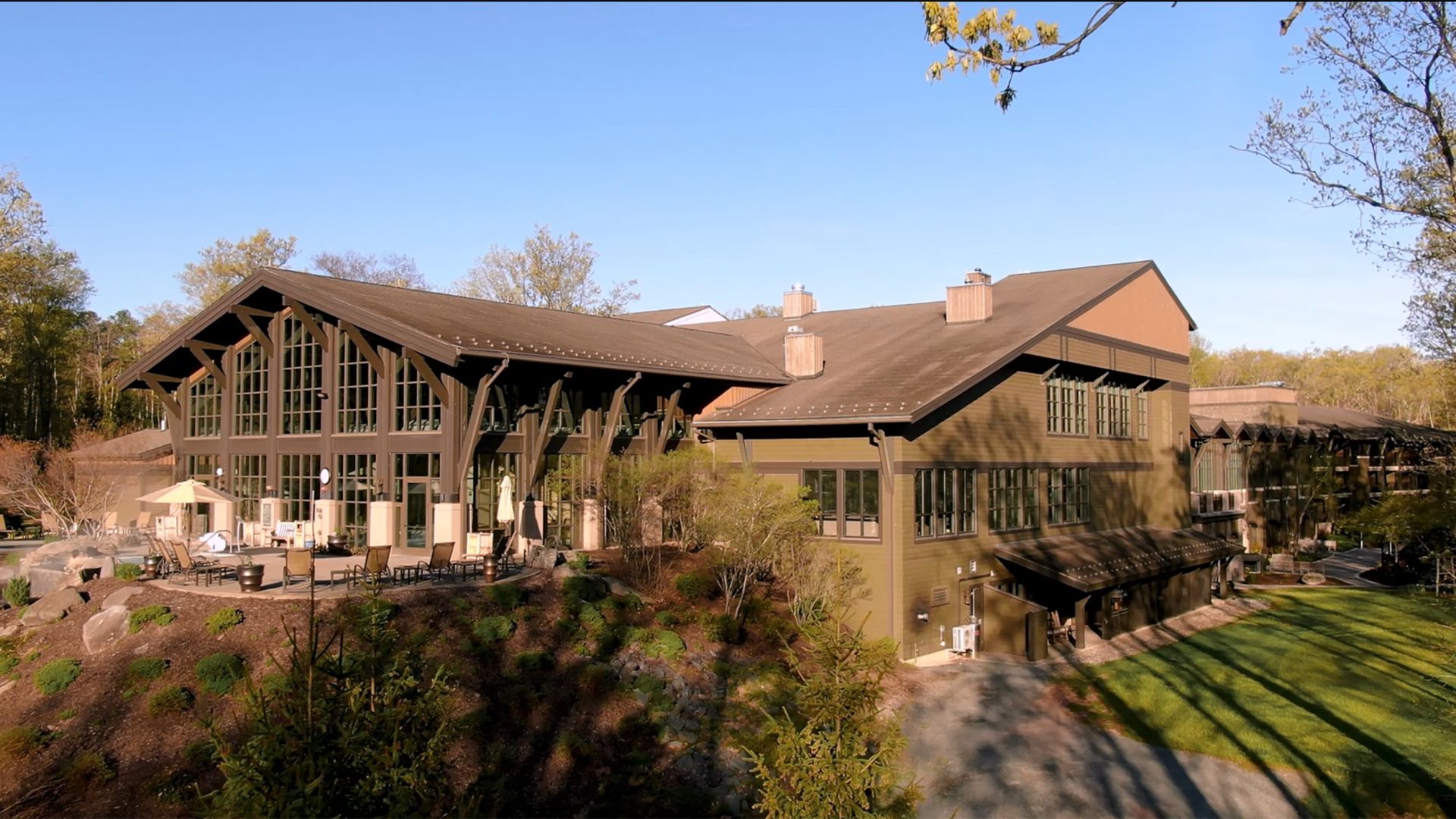 A drone view showing the architecture of the building in Spring at The Lodge at Woodloch